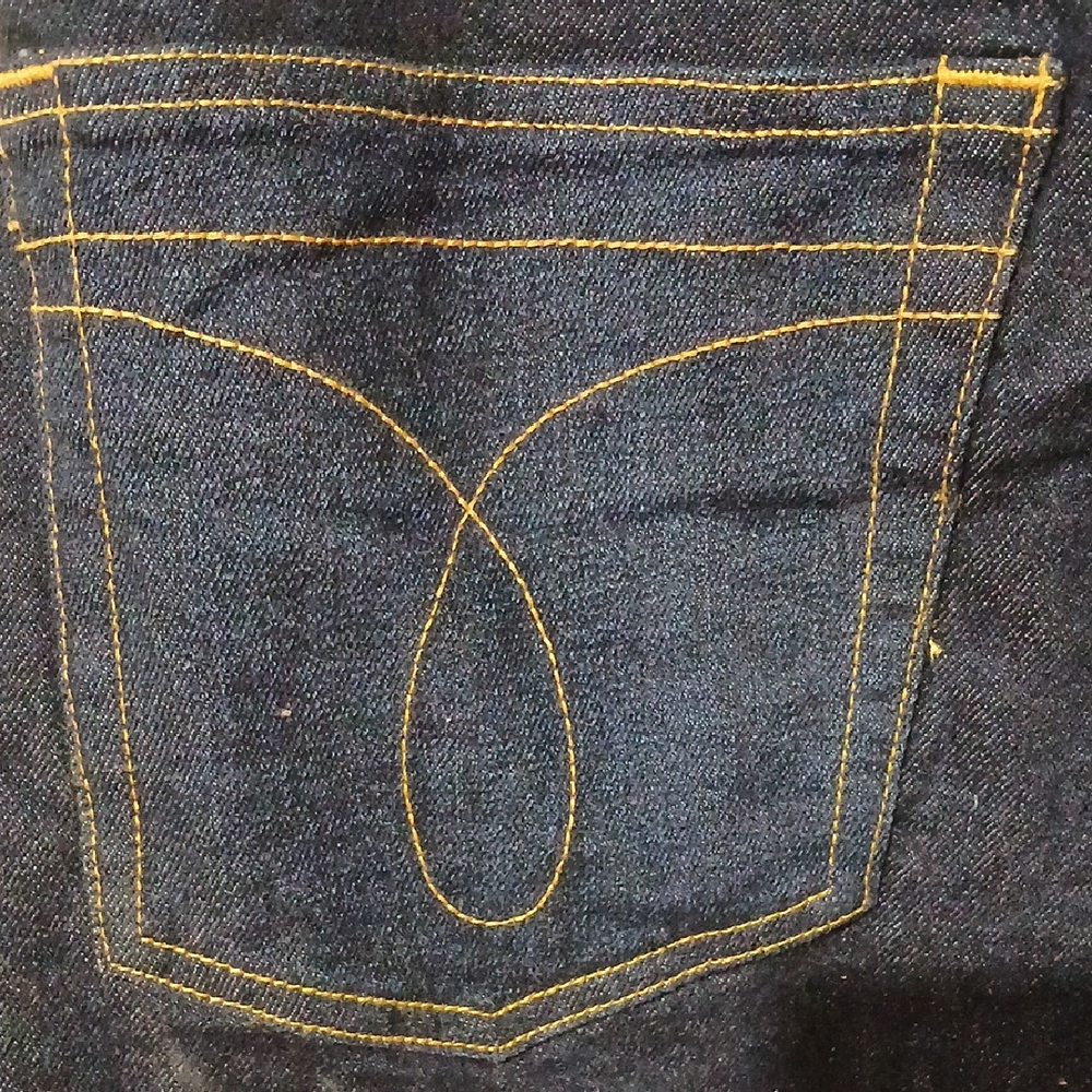 Calvin Klein Navy Denim Shorts with Yellow Stitching - Picture 9 of 11